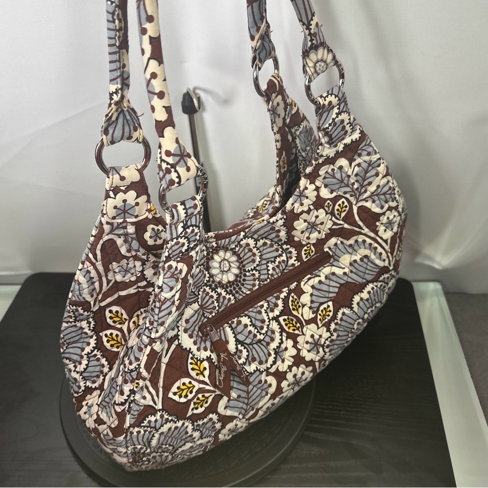 Vera Bradley Slate Blooms Large Hobo Shoulder Bag Brown White Blue Yellow Purse - Picture 3 of 13